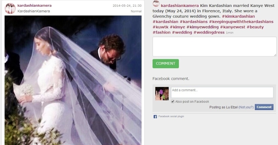 24.mai.2014 - Instagram oficial das Kardashian publica foto da noiva, que vestiu Givenchy no casamento