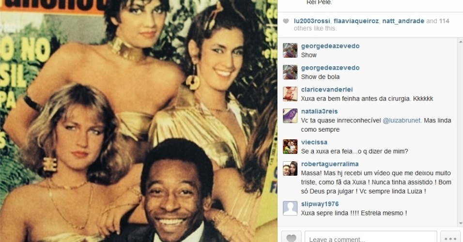 26.mai.2014 - Luiza Brunet usou seu perfil do Instagram para relembrar antigos trabalho. Na imagem divulgada, a modelo aparece em uma capa de revista acompanhada de Xuxa e Pelé. Xuxa e Pelé namoraram no início dos anos 80