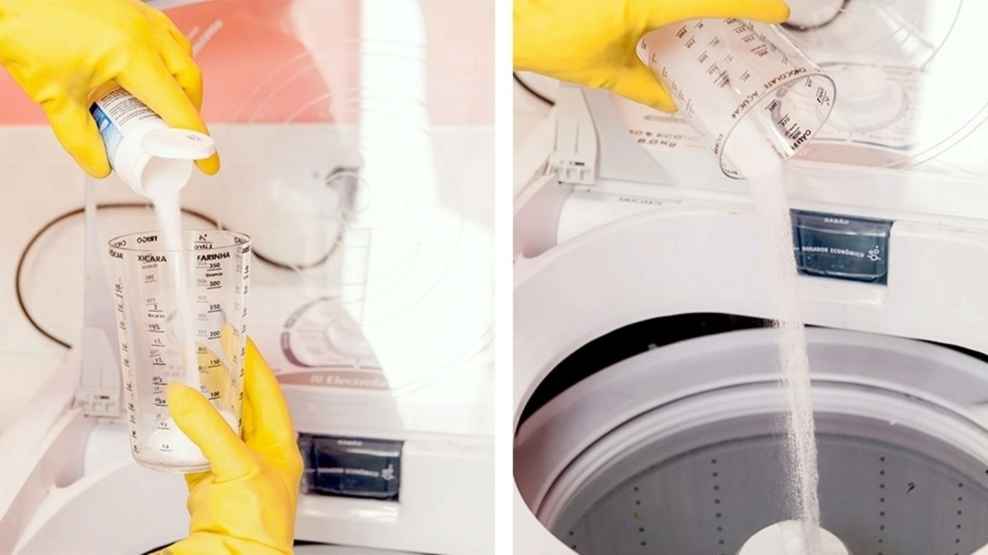 Após esse tempo, adicione à água com vinagre (ou no dispenser de sabão), uma xícara de chá de bicarbonato de sódio. Deixe os compostos agirem por mais 30 minutos - Rodrigo Capote/UOL