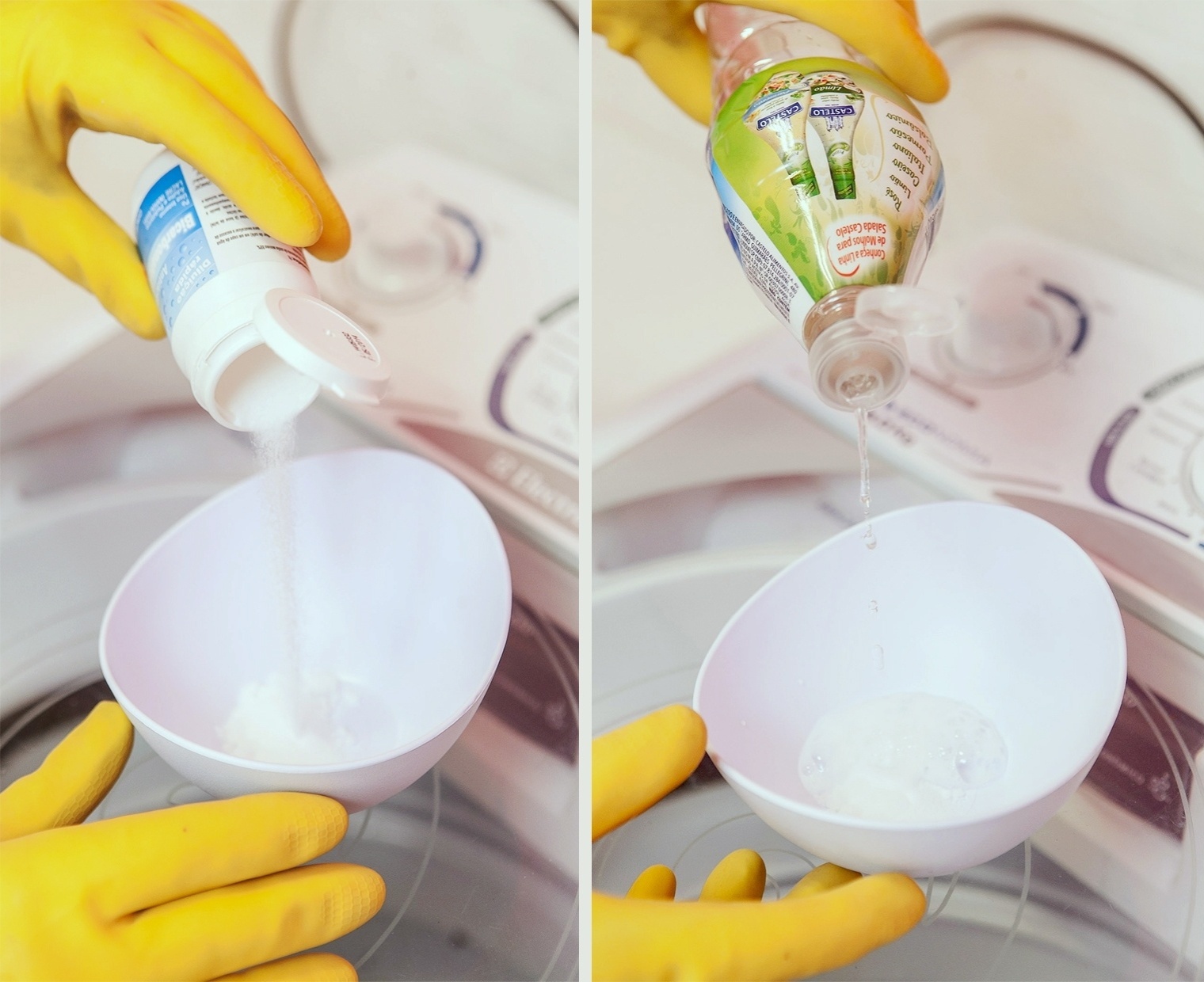 Enquanto a máquina está pausada e cheia pela solução de água, vinagre e bicarbonato, faça uma pastinha com uma colher de sopa de bicarbonato de sódio e duas colheres de sopa de vinagre em um potinho. Essa pasta será usada para limpar a parte externa da lavadora - Rodrigo Capote/UOL