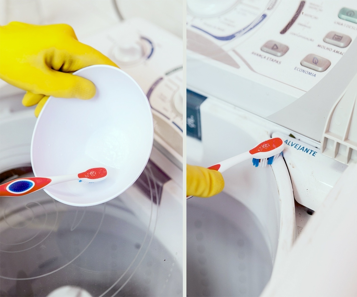 Molhe a escova de dentes na mistura e limpe todos os cantinhos da máquina, a começar pelas áreas próximas à tampa - Rodrigo Capote/UOL