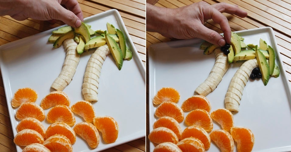 Disponha as fatias de avocado nos topos dos caules formando as folhagens dos coqueiros. Finalize a composição com o mirtilo - Reinaldo Canato/UOL