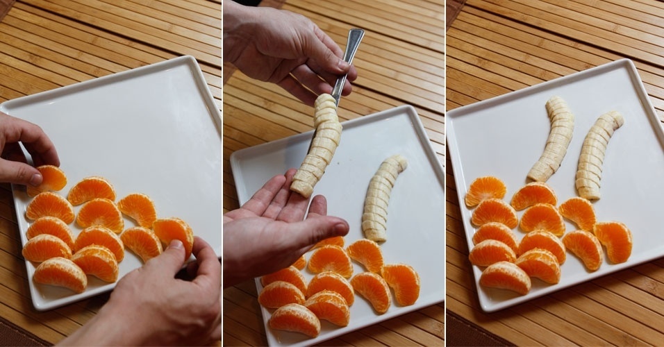Disponha os gomos da mexerica para fazer a base do prato. Então, coloque a banana, já cortada ao meio e em rodelas, com a faca para formar o caule do coqueiro - Reinaldo Canato/UOL