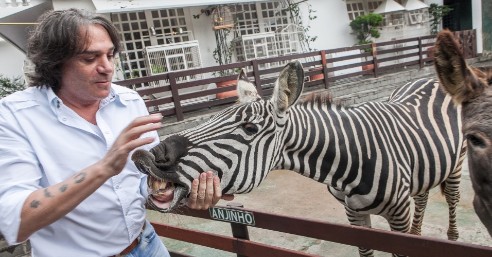 23.mai.2014 - O cantor e herdeiro da Galeria Pagé, Reinaldo Kherlakian alimenta a zebra Mortadela. O animal recebeu esse nome, pois segundo o dono "ela andava meio capengando"