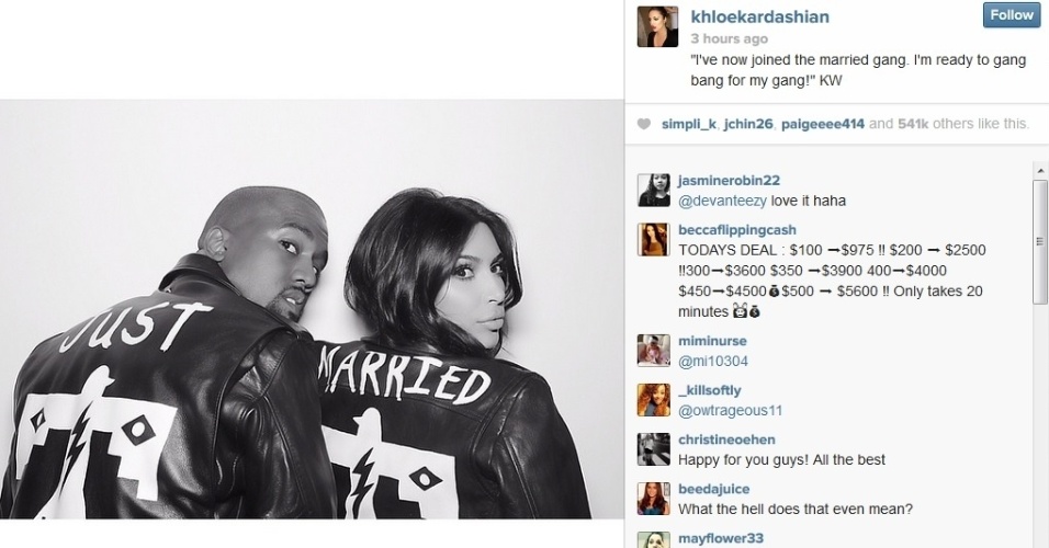 27.mai.2014 - Kloe Kardashian, irmã de Kim Kardashian, compartilhou imagem da irmã ao lado do marido, Kanye West. Eles usam jaqueta com a frase 