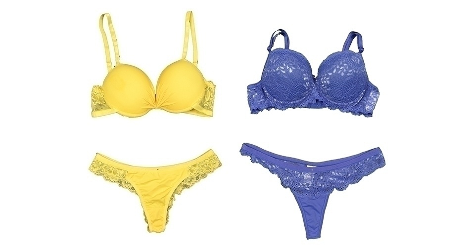 Conjuntos de calcinha e sutiã amarelo e azul, da Lojão do Brás. Preço: R$ 35,50 (amarelo) e R$ 39,50 (azul). Informações: www.lojaodobras.com.br | Preço e disponibilidade pesquisados em junho de 2014 e sujeitos a alterações - Divulgação
