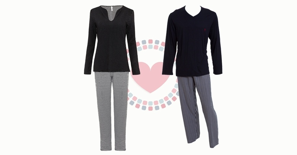 Pijama feminino de algodão com blusa de poá e calça listrada preto e branco, da Pernambucanas. Preço: R$ 59,90. Informações: www.pernambucanas.com.br - Pijama masculino de viscose e malha com camiseta preta e calça listrada preto e branco, da Recco. Preço: R$ 190. SAC: 0800 002 6262 - Divulgação