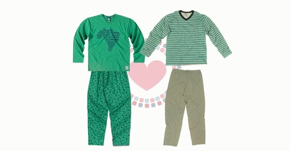 Pijama feminino de algodão em comemoração ao Campeonato de Futebol Mundial, na Malwee Libertá. Preço sugerido: R$ 89,99. SAC: 0800 7367200 - Pijama masculino de algodão com camiseta listrada em tons de verde, no Lojão do Brás. Preço sugerido: R$ 69,50. SAC: (11) 2636-5133 - Divulgação