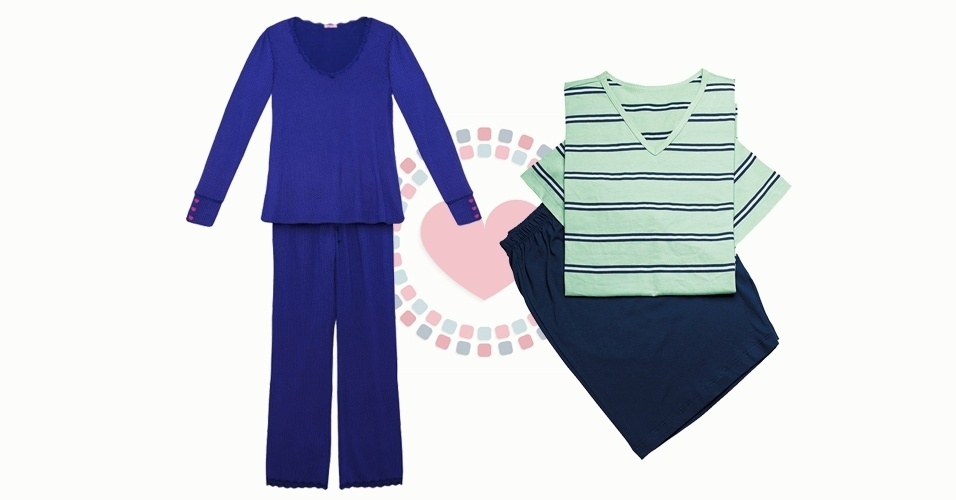 Pijama feminino de malha de algodão com estampa de estrela, da Riachuelo. Preço: R$ 79,90. Informações: www.riachuelo.com.br - Pijama masculino de malha de algodão com camiseta listrada em verde e azul marinho, da Zeus-DeMillus. Preço: R$ 45. Informações: www.demillus.com.br - Divulgação