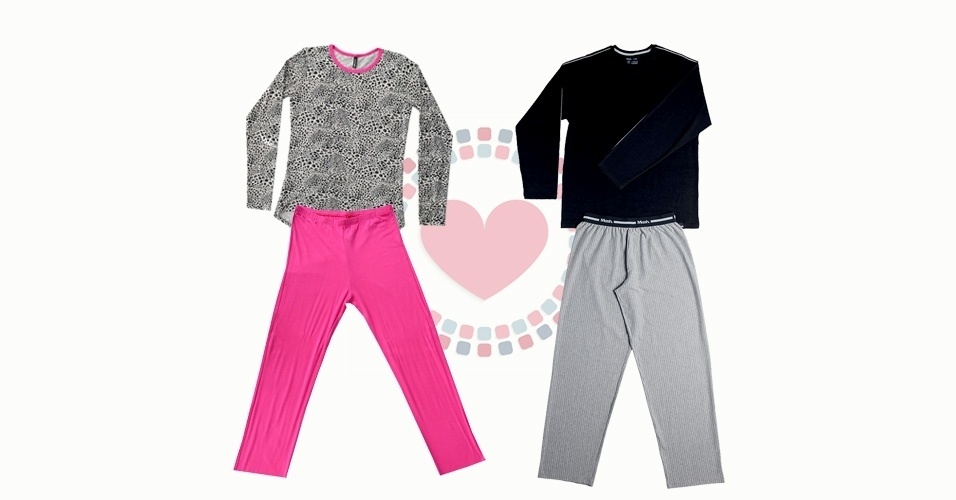 Pijama feminino de viscose com camiseta em estampa animal e calça pink, da Upman. Preço: R$ 147. Informações: www.upman.com.br - Pijama masculino de algodão com camiseta preta e calça cinza e elástico na cintura, da Mash. Preço: R$ 111,90. Informações: www.mash.com.br - Divulgação