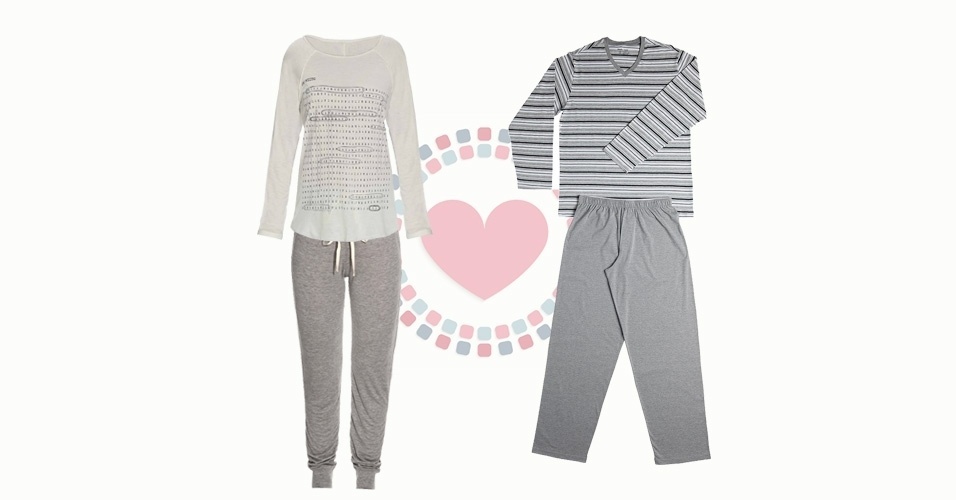 Pijama feminino de viscose com camiseta estampada e calça cinza de cordão na cintura e ribana no tornozelo, da Scala. Preço sugerido: R$ 159,90. Informações: www.lojascala.com.br - Pijama masculino de algodão com camiseta listrada em tons de cinza, da Mash. Preço sugerido: R$ 119,90. Informações: www.mash.com.br - Divulgação