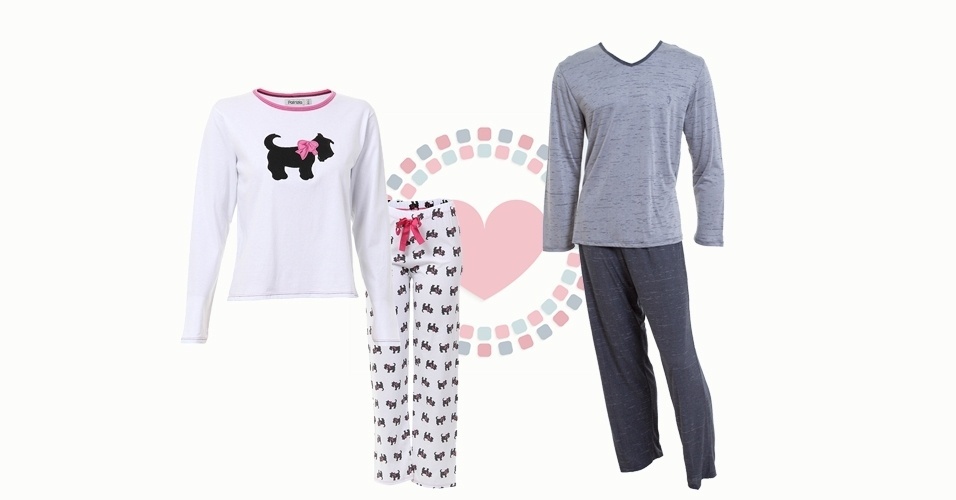 Pijama feminino em malha com estampa de cachorro e calça ajustável, da Patrizia. Preço: R$ 59,99, à venda na Passarela.com. Informações: www.passarela.com - Pijama masculino de duovisco com camiseta mescla e calça cinza, na Recco. Preço: R$ 174. Informações: www.recco.com.br - Divulgação