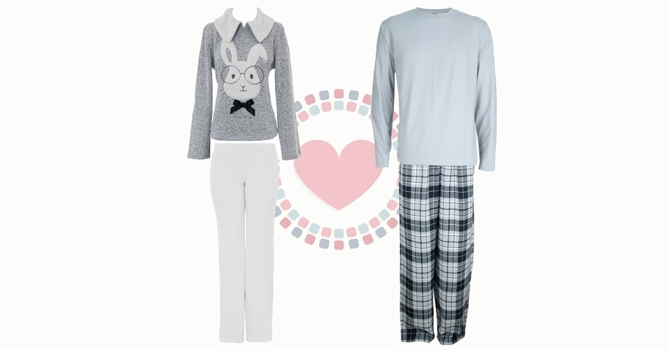 Pijama masculino com camiseta de algodão cinza e calça flanelada xadrez nas cores azul e cinza, na Sam?s Club. Preço sugerido: R$ 59,98. SAC: 0800 705 50 50 - Pijama feminino de soft com aplicação de carinha de Coelho com óculos e gravata borboleta na blusa, na Any Any. Preço sugerido: R$ 245. SAC: 0800 77 03 288 - Divulgação