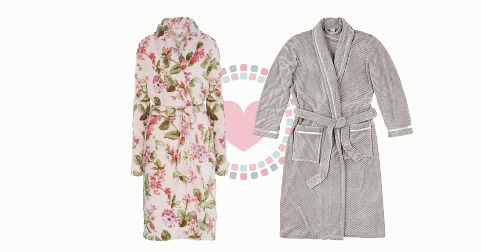 Roupão feminino de soft com estampa floral, da C&A. Preço: R$ 89,90. Informações: www.cea.com.br - Roupão masculino cinza, da Hering. Preço: R$ 99,99. Informações: www.heringwebstore.com.br - Divulgação