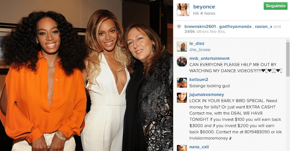 4.jun.2014 - Beyoncé aparece sorridente entre a irmã Solange Knowles e a designer de joias Lorraine Schwartz em foto postada por ela mesma no Instagram