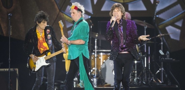 Ronnie Wood, Keith Richards, Charlie Watts e Mick Jagger no palco durante o show dos Rolling Stones - AFP