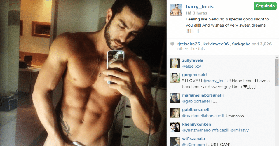 5.jun.2014 - Harry Louis, o brasileiro ex-namorado do estilista Marc Jacobs, faz seus seguidores do Instagram suspirarem. Ele postou uma selfie totalmente pelado, apenas protegem as partes íntimas com uma cueca