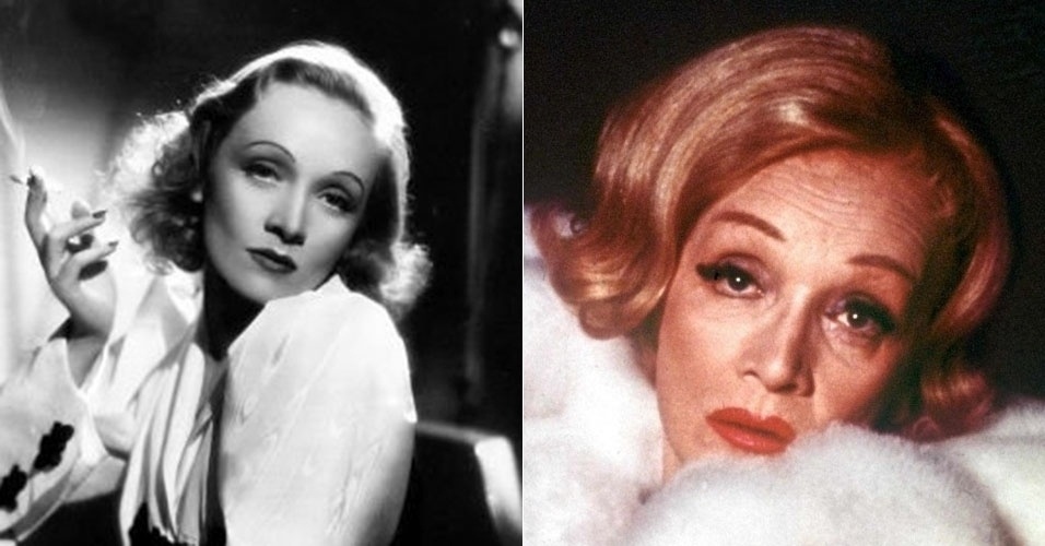 À esquerda, a atriz alemã Marlene Dietrich em foto de 1932. À direita, ela aparece já com 71 anos, em 1972. Ela morreu em 1992, com 90 anos de idade
