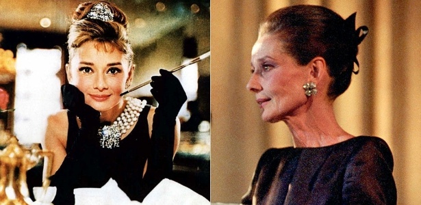 Audrey (à esq.) no filme "Bonequinha de Luxo" e em uma das últimas aparições, em 1991