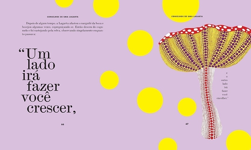 Página da edição de "As Aventuras de Alice no País das Maravilhas" com ilustrações de Yayoi Kusama, que também brinca com o aspecto gráfico das frases - Reprodução