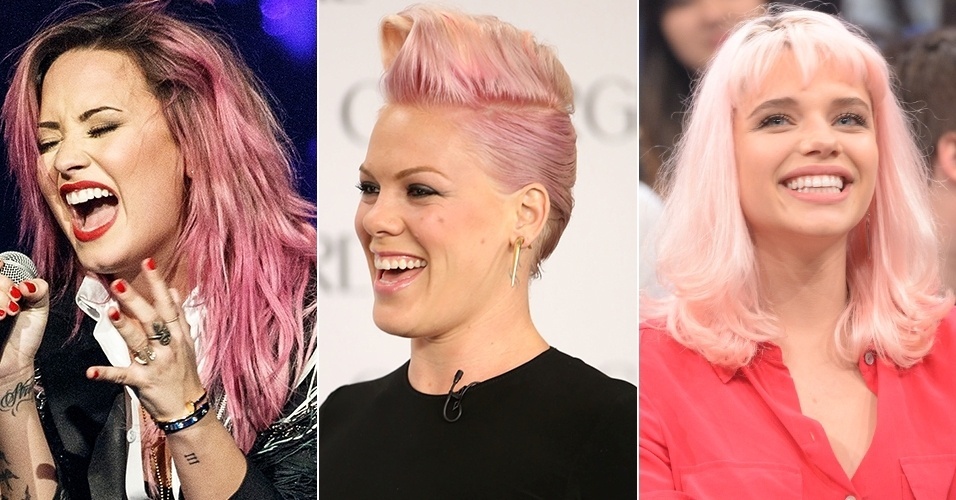 Demi Lovato, Pink e Bruna Linzmeyer exibem cabelos coloridos em tons de rosa - Getty Images/Rede Globo/Zé Paulo Cardeal