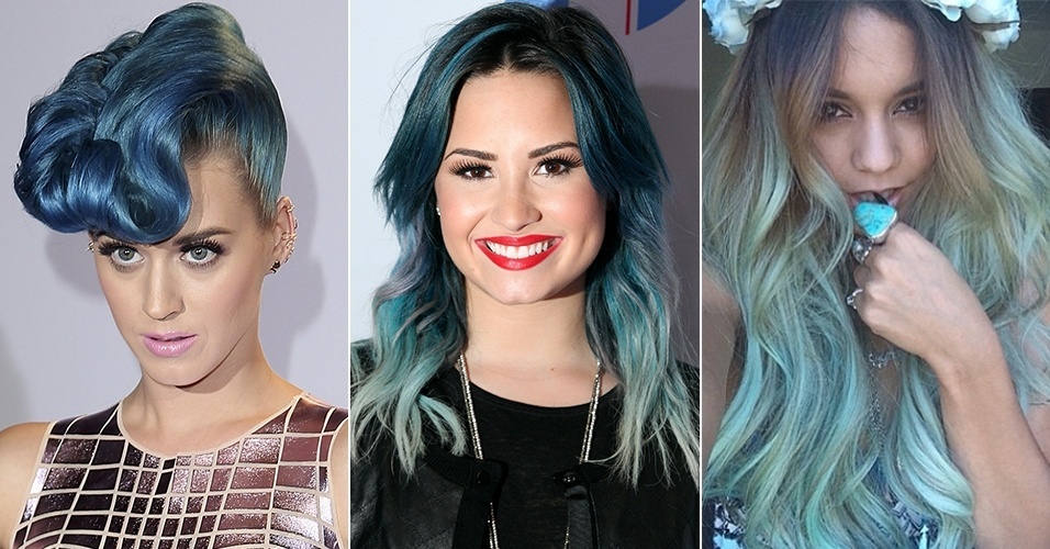 Katy Perry, Demi Lovato e Vanessa Hudgens exibem cabelos coloridos em tons de azul - Getty Images/Reprodução Instagram