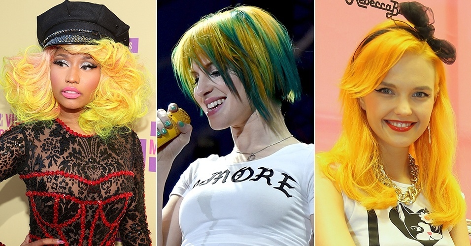 Nicky Minaj, Hayley Williams e Bonnie Strange exibem cabelos coloridos em tons de amarelo - Getty Images