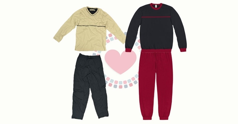 Pijama masculino com calça de moletom vermelho e camiseta de malha cinza escuro com gola e detalhes em vermelho, da Hering. Preço: R$ 89,99. Informações: www.heringwebstore.com.br.   Pijama masculino de algodão com calça azul marinho e camiseta cor marfim, do Lojão do Bras. Preço: R$ 59,50. Informações: www.lojaodobras.com.br - Divulgação