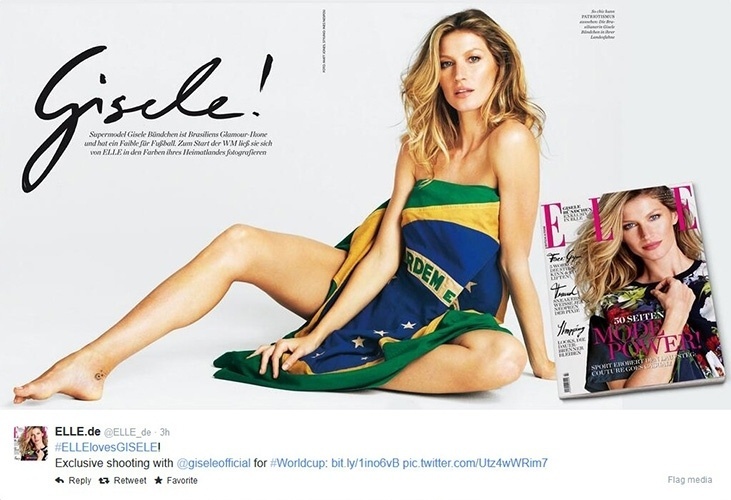 11.jun.2014 - Gisele Bündchen posa enrolada em bandeira do Brasil em ensaio para a edição alemã da revista "Elle"
