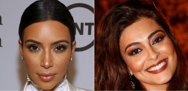 Kim Kardashian e Juliana Paes valorizam a zona T, maçãs do rosto e maxilar com o iluminador - Getty Images/AgNews/Montagem/UOL