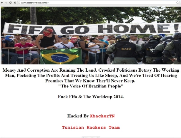 Reprodução do site oficial de Caetano Veloso invadido por hackers da Tunísia contra a Copa - Reprodução