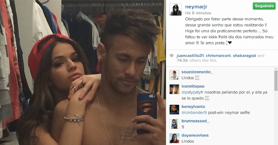 12.jun.2014 - O craque Neymar deixou clara sua paixão pela atriz Bruna Marquezine logo depois da vitória do Brasil contra a Croácia, nesta quinta-feira