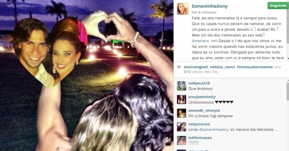 12.jun.2014 - O sertanejo Mariano e a assistente de palco Dany Bananinha usaram o Instagram para trocar declarações de amor