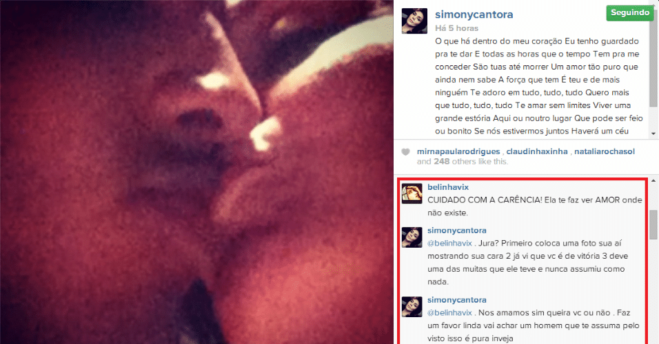 12.jun.2014 - Simony faz declaração de amor ao namorado, Patrick Souza, mas se irrita com comentário de seguidor no Instagram