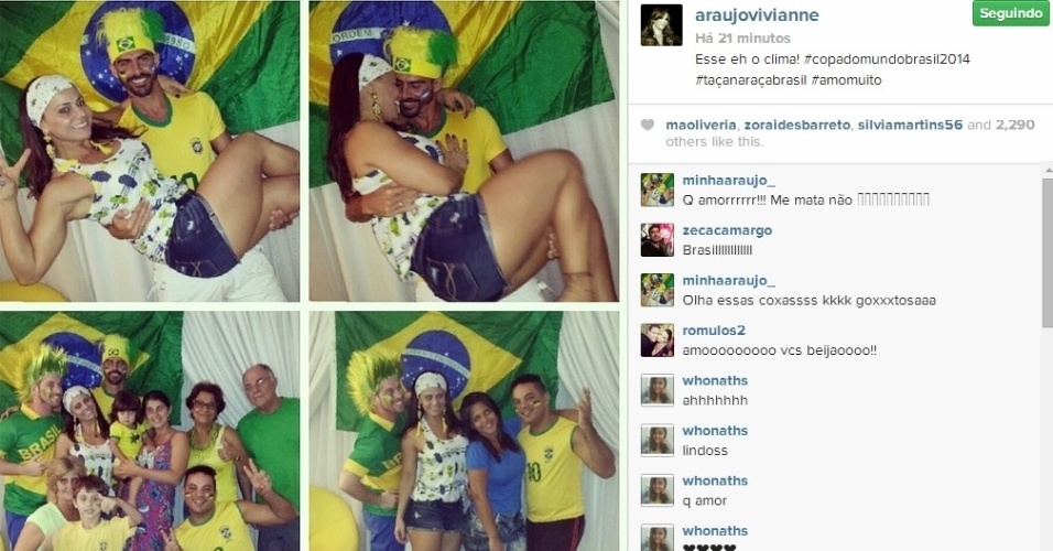 Viviane Araújo assistiu à estreia do Brasil na Copa com amigos, familiares e o namorado Radamés. 
