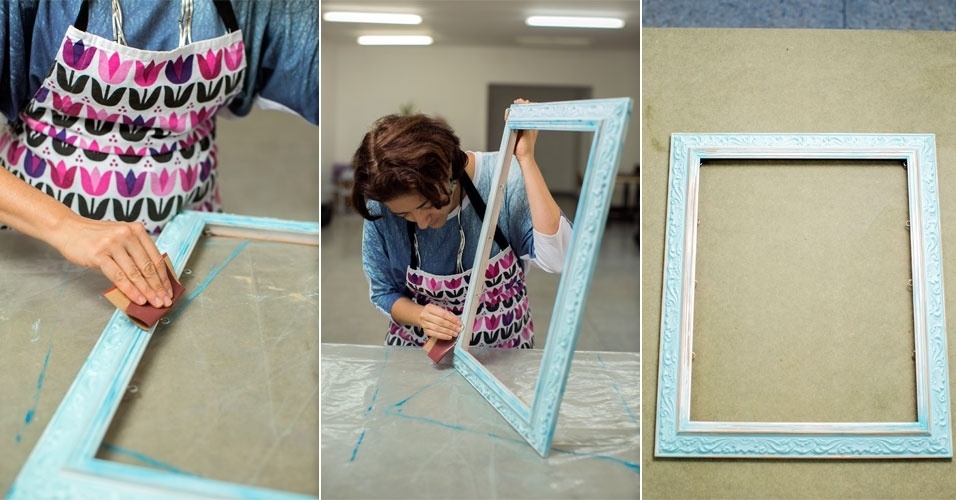 Quando a tinta estiver seca ao toque, lixe-a para dar um aspecto de desgastado à moldura, que servirá como painel de fotos - Leonardo Soares/UOL