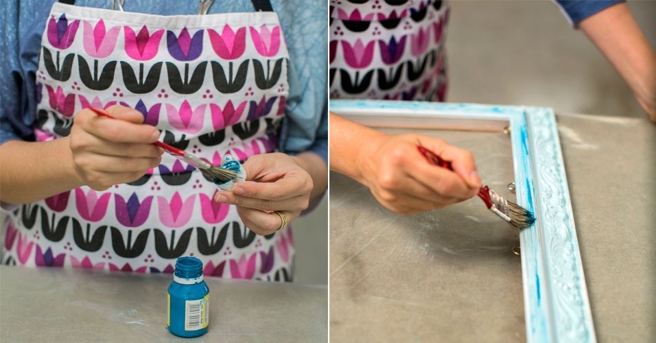 Molhe a ponta do pincel na tampa da tinta acrílica, pois ele deve estar quase seco para formar um caminho mais escuro sobre a parte reta da moldura, que será transformada em painel de fotos - Leonardo Soares/UOL