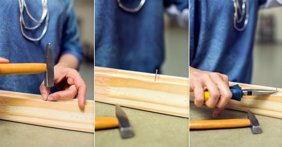 Na sequência, para produzir o painel de fotos, com o prego e o martelo, faça, delicadamente, um orifício em cada uma das marcações a lápis, feitas anteriormente. Tire o prego com o alicate - Leonardo Soares/UOL