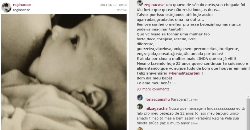 19.jun.2014 - Regina Casé parabeniza a filha Benedita, que completa 25 anos, relembrando o dia do parto