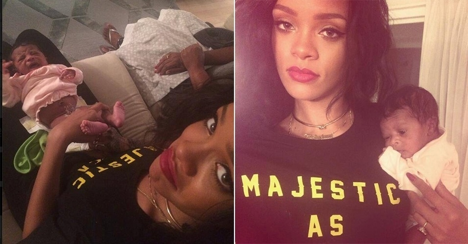 19.jun.2014 - Rihanna postou em sua página no Facebook fotos trocando sua sobrinha recém-nascida. "Bumbum fedido",