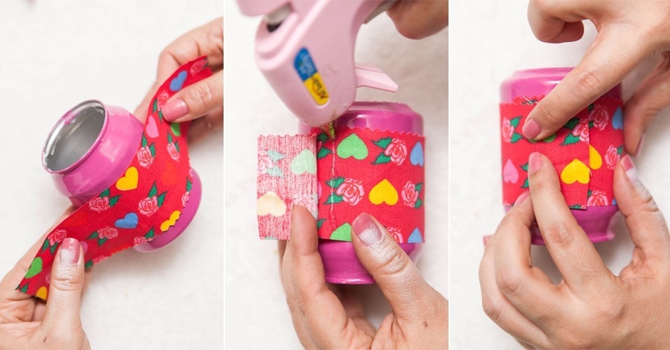 Pinte a lata com tinta spray e deixe secar completamente. Pegue um pedaço de tecido suficiente para dar a volta na latinha. Dobre como uma faixa e fixe com cola quente - Rodrigo Capote/UOL