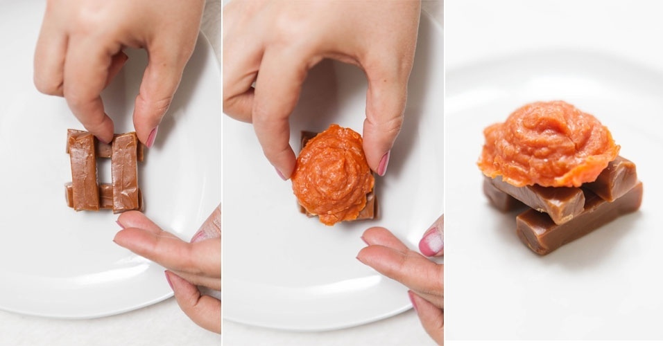 Para fazer a fogueira de doces para enfeitar a mesa da festa, empilhe, dois a dois, os doces de leite e coloque por cima o doce de abóbora - Rodrigo Capote/UOL