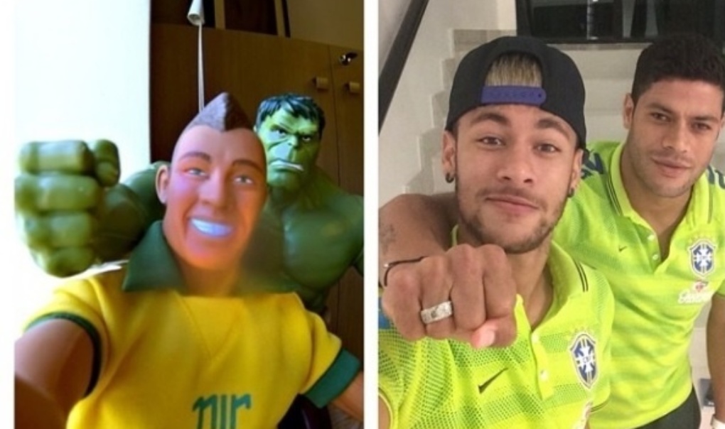 25.jun.2014 - 25.jun.2014 - Neymar divulgou uma montagem divertida em que ele e Hulk aparecem fazendo a mesma pose de suas miniaturas