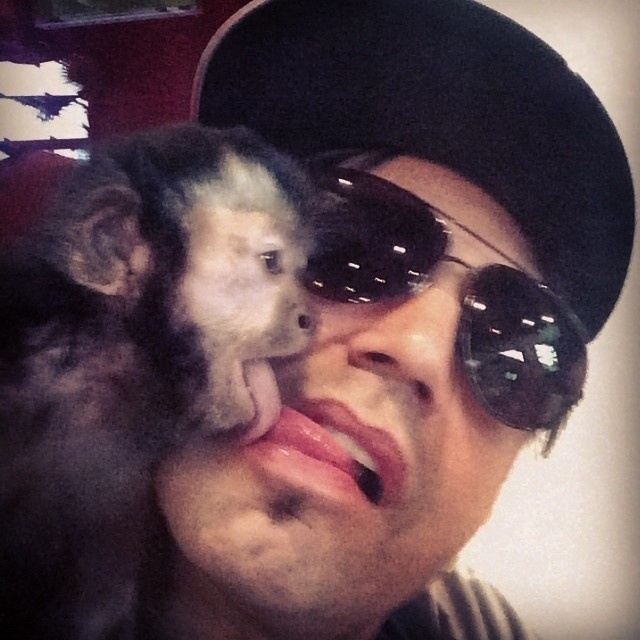 26.jun.2014- Não é novidade que Latino trata seu macaco de estimação como um verdadeiro filho. Nesta quinta-feira (26), o cantor fez questão de postar a foto de um beijo que ganhou do animal, chamado de Twelves, logo após o almoço. Latino ainda escreveu:" #amorincondicional"
