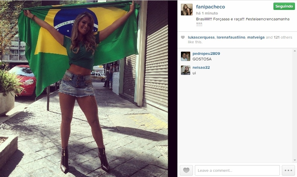 28.jun.2014 - Fani Pacheco mostrou sua torcida pelo Brasil com foto publicada em seu Instagram 