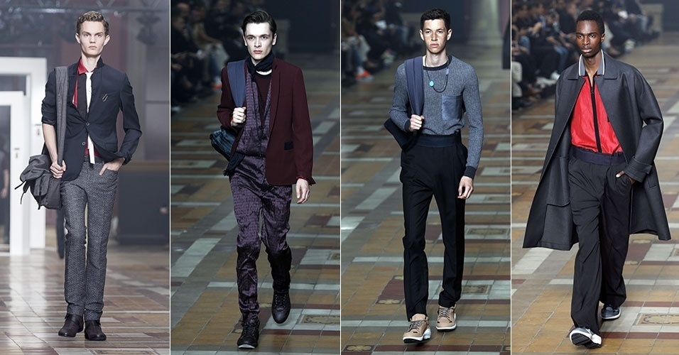 29.jun.2014 - Modelos desfilam a coleção de primavera-verão 2015 da grife Lanvin. Cores sóbrias marcam as criações de caráter esportivo, combinadas com botas e tênis - AFP/François Guillot / EFE/EPA/Etienne Laurent