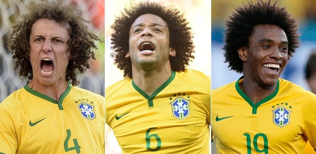 David Luiz, Marcelo e Willian (esq. para a dir.) exibem cabelos afro no estilo "black power" - Juan Mabromata/AFP/Liu Dawei/Ueslei Marcelino/Reuters