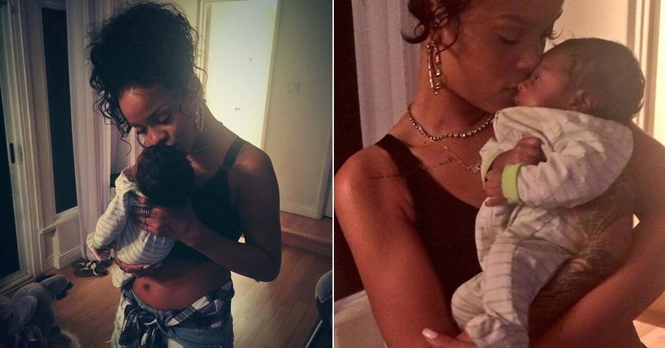 02.jul.2014 - Rihanna postou no Facebook fotos com sua priminha recém-nascida no colo. A cantora aparece beijando