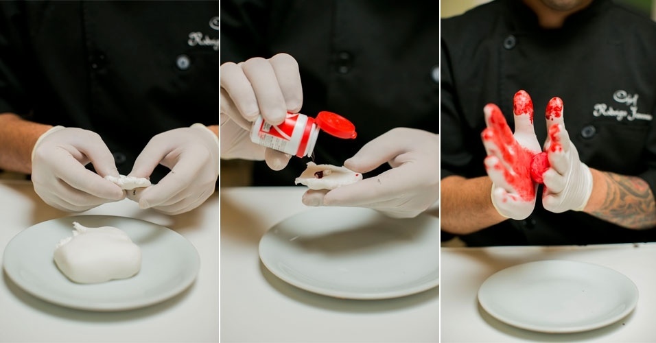 O primeiro passo para fazer o pássaro do game Angry Birds é adicionar o corante na pasta americana e amassar para misturar - Leonardo Soares/UOL