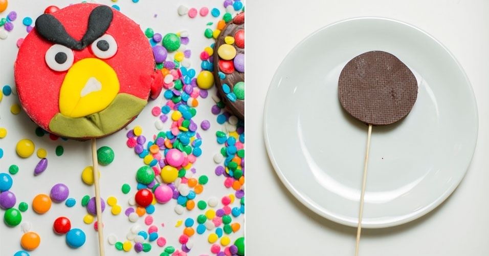 Outra possibilidade é fazer um personagem do game Angry Bird com pasta americana. Para fazê-la, é preciso trabalhar no pirulito de chocolate já rígido, após resfriar na geladeira - Leonardo Soares/UOL